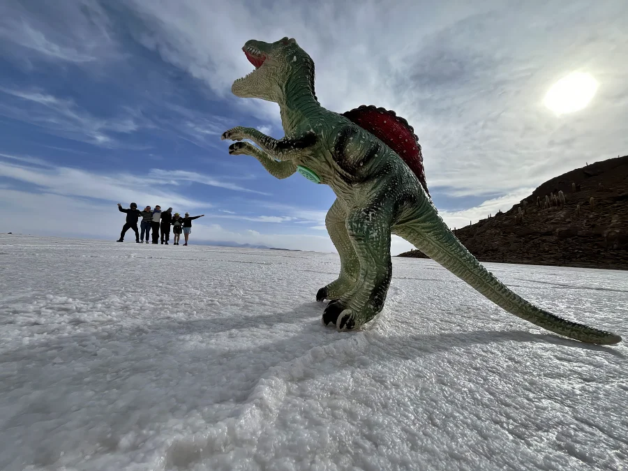 玻利維亞上的白色鹽沼 Uyuni:行走在地球上最大的鏡子 — 烏尤尼完全旅遊攻略 17 在離開前,導遊利用透視錯位在這裡幫我們拍了幾張趣味的經典恐龍照片。